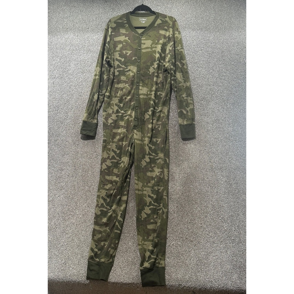 LL Bean Mens Camo Waffle Knit Union Suit Thermal One Piece L Camping Sleepwear